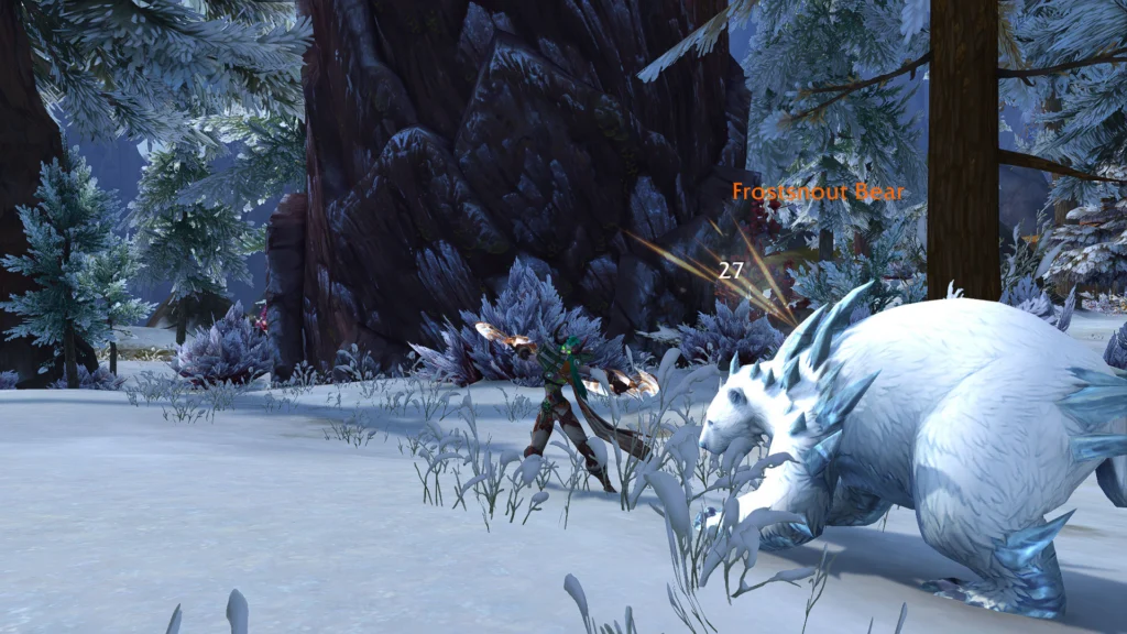 Farming mobs in a snowy zone in World of Warcraft