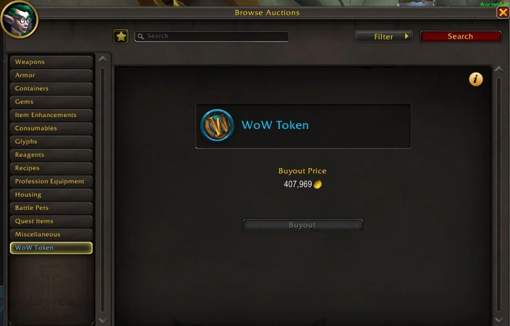 The WoW Token for sale on the auction house